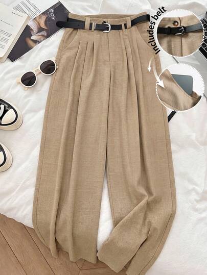 Franclia Plus Size Women's Fashionable Khaki Moon Pocket Folding Wide Leg Pants With Belt, Spring/Summer
