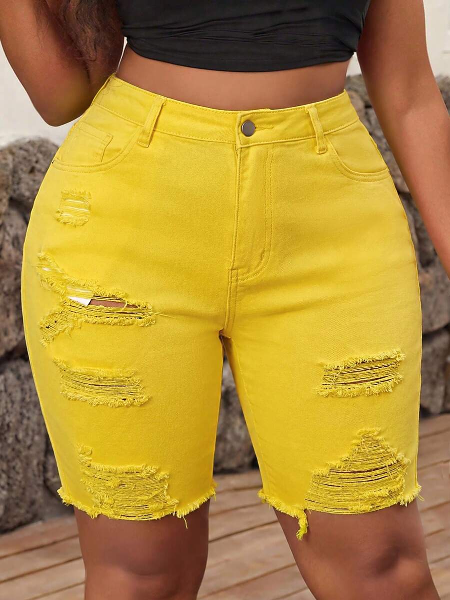 SHEIN SXY 大码女式口袋纽扣做旧休闲百搭日常牛仔短裤 - 黃色 - 查看 1