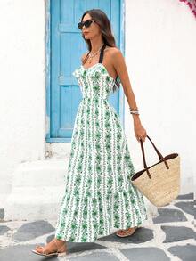 Vivid Eden Đầm cổ yếm xếp ly họa tiết hoa dành cho nữ, kiểu dáng đi nghỉ mát. - màu xanh lá - Xem 6