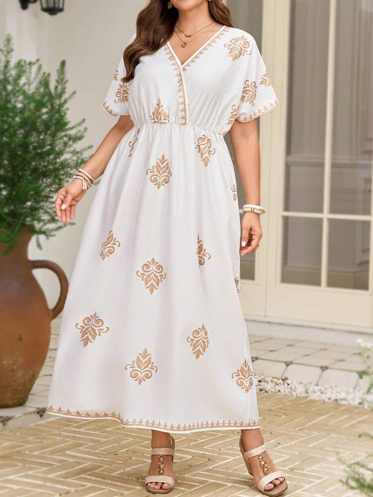 Women's Plus Size White Embroidered Bohemian Dress V-Neck Dolman Sleeve Maxi Length Perfect For Summer Resorts Summer Outfit For Plus Size Women Festival Outfits For Plus Size Women Beach Outfits For Plus Size Women Vacation Outfits Plus Size  Women Country Concert Outfit  Boho Outfit