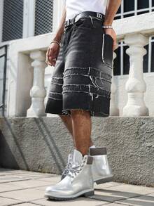 Manfinity EMRG 男士休闲街头风做旧黑色牛仔短裤 - 黑色 - 查看 7