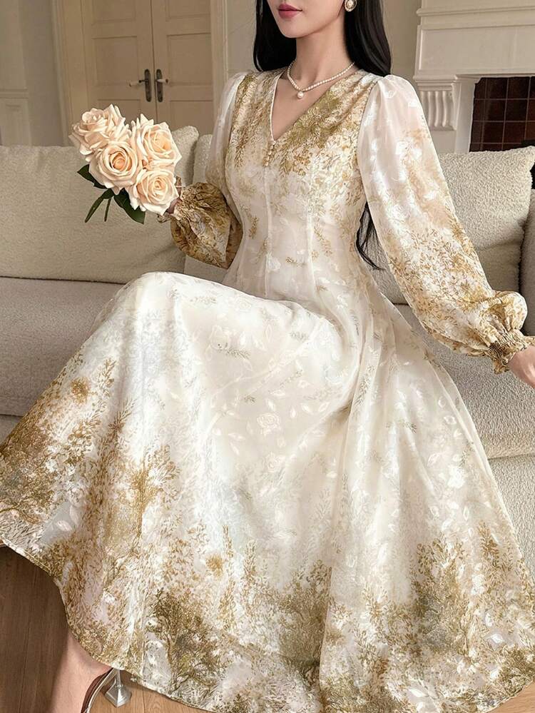 Women's Elegant Floral Petal Sleeve V-Neck Mid-Length Dress, Spring/Summer