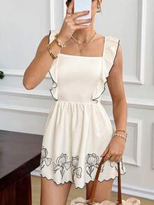 Serisse 女士碎花荷叶边蝴蝶结连体衣 - 杏色 - 查看 7