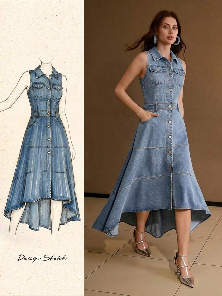 WOMEN'S SLEEVELESS ASYMMETRICAL UMBRELLA HEM DENIM DRESS