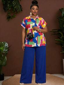 SHEIN CURVE+ Curve 尺码 US22 音乐节、海滨度假、波西米亚风两件套，AB 色印花衬衫和纯色裤子，度假 - 彩色 - 查看 10