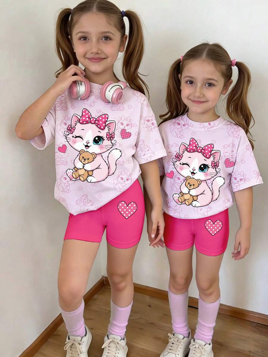 春夏少女休闲时尚创意个性清新可爱卡通猫咪波点粉色蝴蝶结泰迪熊爱心图案印花休闲T恤和骑行短裤套装，舒适日常穿着 - 彩色 - 查看 1