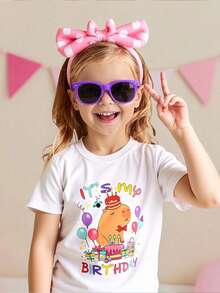 1pc Baby Girls' Digital Print Round Neck Short Sleeve T-Shirt, Spring/Summer - White - View 3