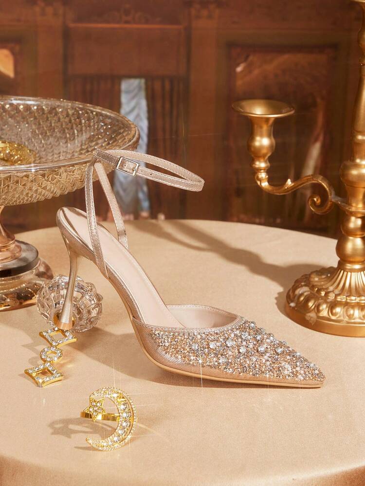 CUCCOO TILAWA Champagne Pointed Toe Rhinestone Embellished Stiletto High Heel Ankle Strap Sandals, Sexy & Fashionable For Dress, Party, Nightclub