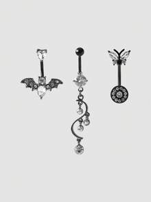 MortiRose Bộ ba khuyên rốn mặt dây chuyền hình dơi đen, trang sức xỏ khuyên, phong cách Goth/Gothic/Punk/Grunge/Dark Gothic, thời trang đường phố, mùa hè/lễ hội/dạ hội/tiệc tùng, cổ điển, màu đen, không gây dị ứng, xỏ khuyên, trang sức cơ thể - Màu trong suốt - Xem 2
