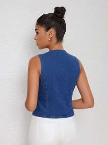 Jeanoix Áo denim không tay cỡ lớn dành cho nữ - Màu xanh lam - Xem 2
