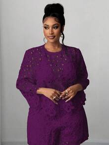 Maweii Plus Size Solid Color Round Neck Hollow Casual Blouse - Purple - View 3