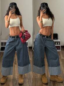 StreetHx Women's Fashion Casual Low Waist Striped Wide Leg Cropped Jeans - Dark Wash - View 4