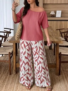 Weeklong Plus Size Women's 2-Piece Set, Linen-Like Crinkle Texture, Colorful Botanical Print, Asymmetric Loose Casual Commuter Outfit, Spring/Summer - Multicolor - View 3