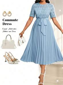 Fleurora 大码优雅派对蕾丝拼接褶皱连衣裙 - 藍色 - 查看 1