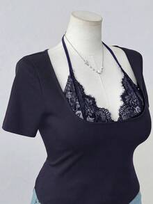 Flirla Camiseta ajustada de unicolor con parches de encaje sexy - Azul Marino - Ver 6