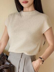 Dazy-Less Bộ 2 áo len nữ, áo dệt kim tay ngắn cổ bẻ - Màu be - Xem 4