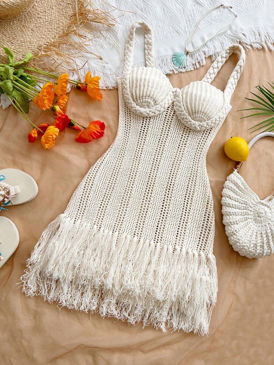 Soleia Đầm ngắn ôm sát dáng vỏ sò, viền tua rua, dây mảnh, phong cách Bohemian, Boho, thích hợp cho kỳ nghỉ, hẹn hò ngày Valentine, mùa xuân/hè. - Màu be - Xem 1