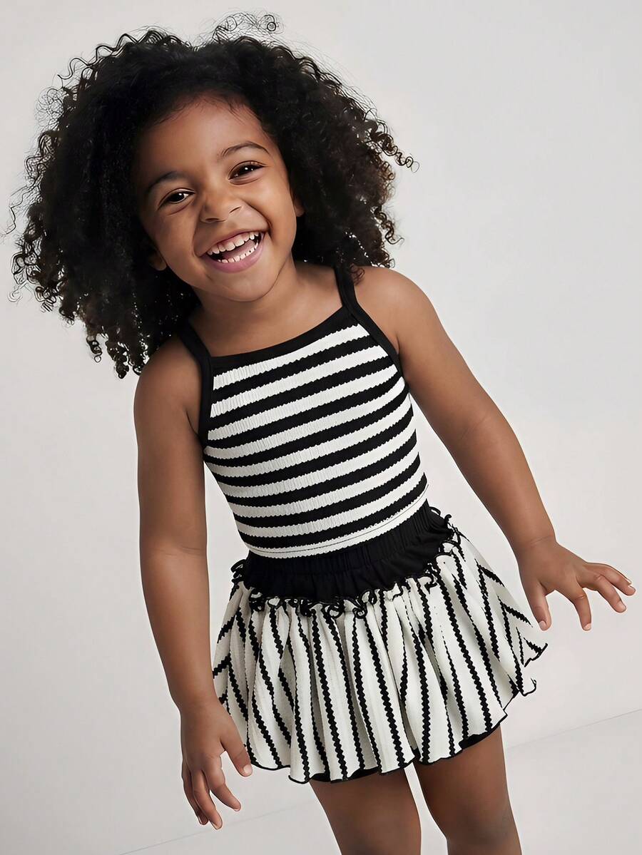 Maija Kids Maija Kids 2 piezas Conjunto informal y elegante de camiseta suelta a rayas y shorts para niñas jóvenes, adecuado para uso diario, vuelta al colegio, salidas, reuniones, festivales, primavera y verano - Blanco y Negro - Ver 1