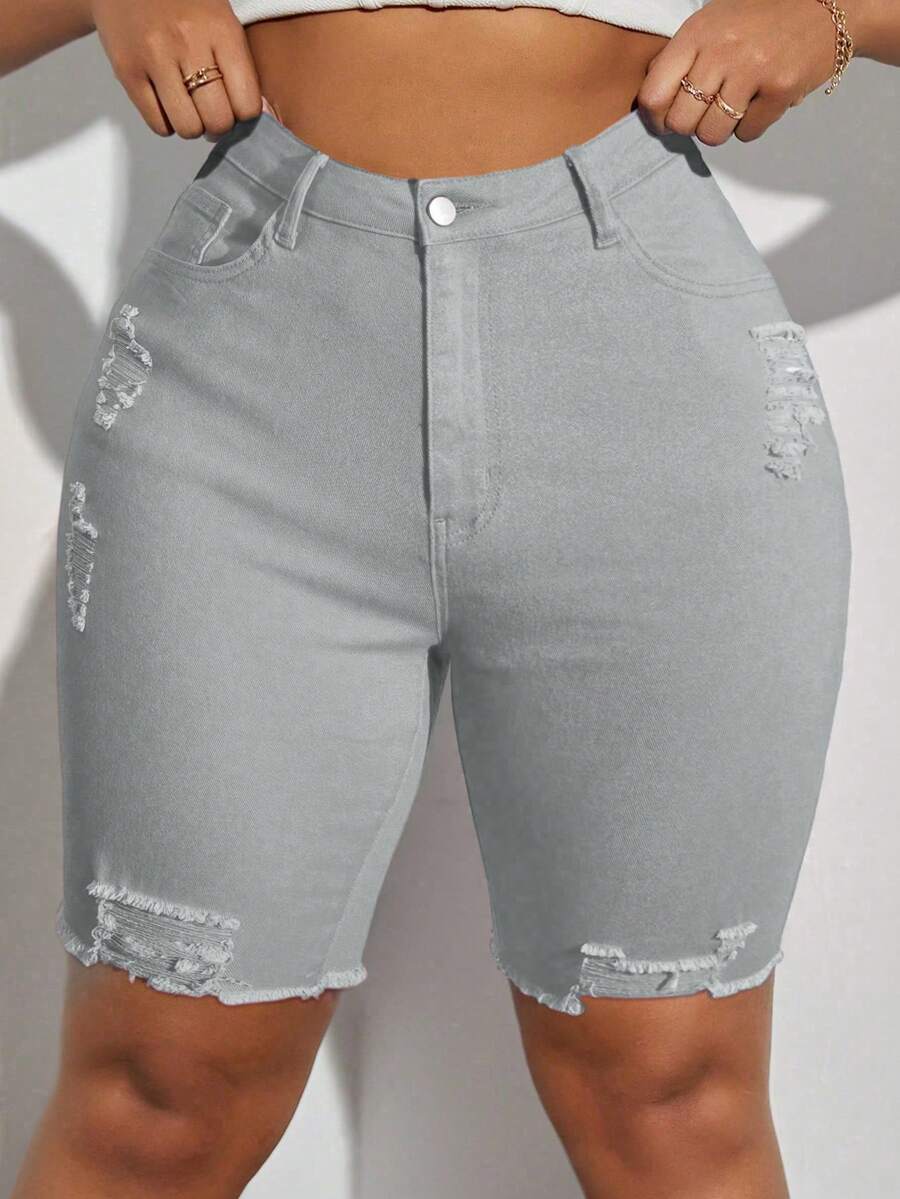 SHEIN SXY Plus Size Distressed Versatile Denim Shorts - Light Grey - View 1