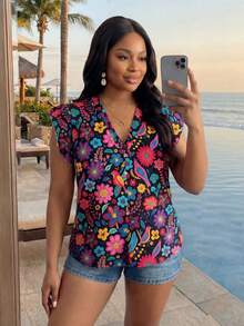 SHEIN Lady CURVE Plus Size Women Summer Casual Floral Print Retro Style Button Down Shirt Autumn And Winter Chic Blouses For Women - Multicolor - View 4