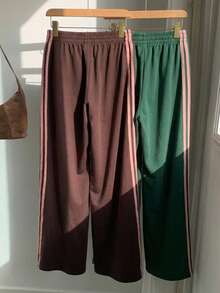 Comfortcana 2 piezas Pantalones deportivos anchos de mujer con bloques de color y rayas, aptos para verano, otoño e invierno, adecuados para el uso diario, citas y fiestas - Multicolor - Ver 2