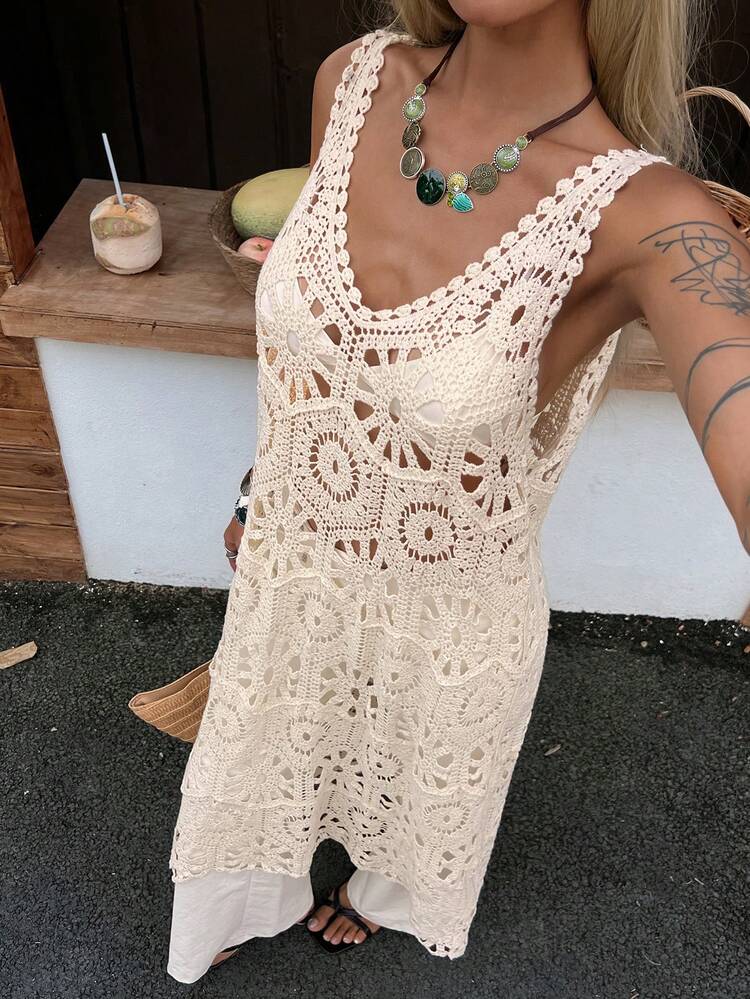 Women's Casual Hollow Out Tank Dress, Suitable For Beach Vacation, Spring & Summer