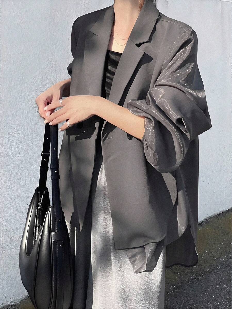 FRIFUL Áo blazer nữ tối giản kiểu dáng công sở cổ ve áo tay phồng cài hai hàng khuy - Xám - Xem 1