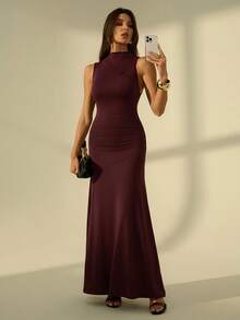 SHEIN Tall Đầm dài dệt kim không tay dáng chữ A, eo thắt, vai bất đối xứng, màu tím đỏ, thích hợp cho kỳ nghỉ, đi biển, dự tiệc, công sở, trang phục thường ngày, đầm ôm sát, lễ tốt nghiệp, đồng phục giáo viên nữ, đầm giáo viên. - Màu đỏ tím - Xem 2