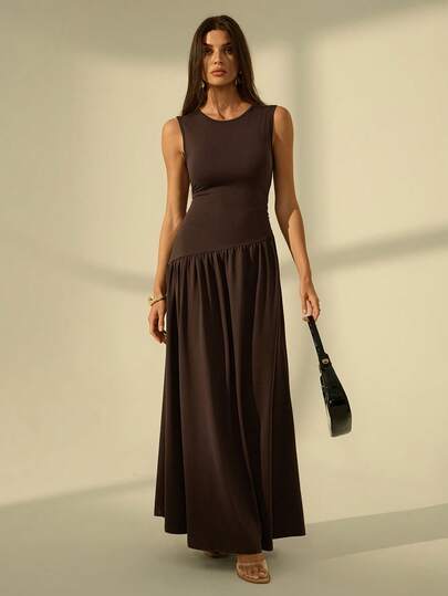 SHEIN Tall 棕色无袖长裙，适合婚礼宾客、正式场合、特殊场合、花园派对等，优雅、时尚、端庄，及地长裙，舒适柔软，情人节约会之夜、海滩装扮，优雅连衣裙，休闲女装。