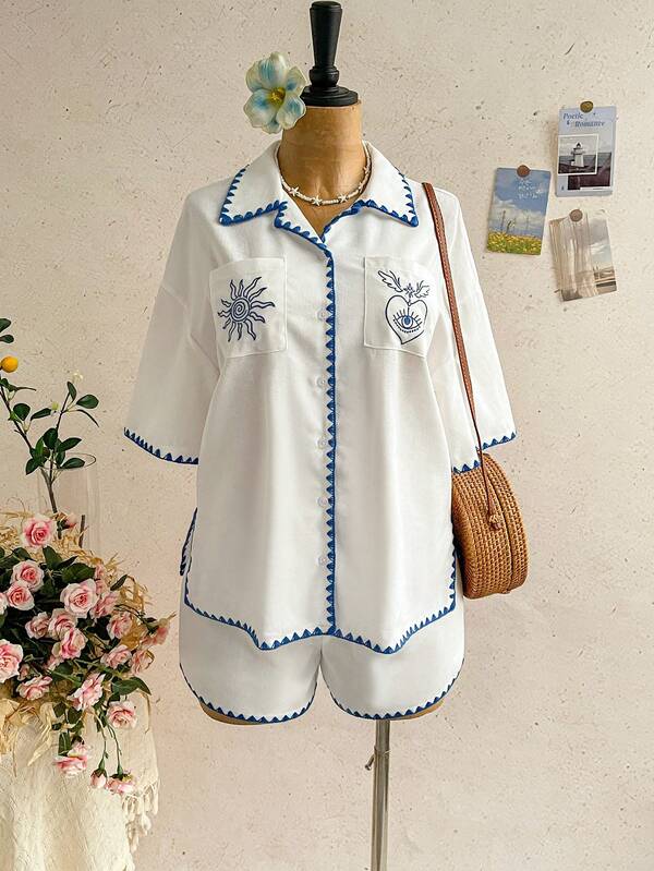 Soleia This Women's Summer French Casual Set Features A Fun Patterned Embroidered Shirt With Contrasting Trim, Loose-Fitting Short-Sleeved Open Placket, Elasticated Waistband, And Loose-Fitting Shorts. It's Perfect For Summer Vacations, Dates, Carnivals, Afternoon Tea, The Beach, Cruises, City Trips, Music Festivals, And Other Occasions.