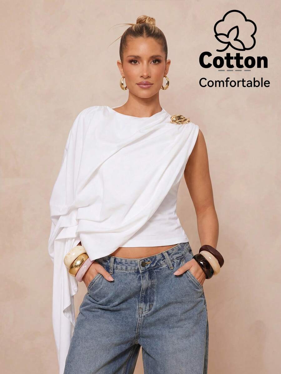 Lumalex 褶皱披肩设计不对称长款系带度假衬衫，春夏款