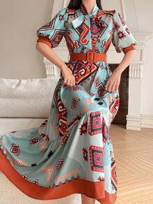 DAZY Đầm nữ thanh lịch phối màu tương phản họa tiết hình học, cổ buộc dây, tay cánh hoa, dài ngang gối, thắt eo, thích hợp cho mùa hè, dự tiệc cưới, váy hè. - Màu xanh lam - Xem 4