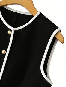 GlowEve Elegant Round Neck Contrast Color Pocket Button Decor Vest Waistcoat Women Thin Blazer - Black - View 5