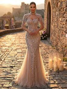 Glamrae Falda de sirena elegante y lujosa con parches de malla bordada con lentejuelas y perlas, con mangas con flecos, adecuada para bodas, fiestas, vacaciones, galas, vestidos de noche (muy adornada) - Champán - Ver 7