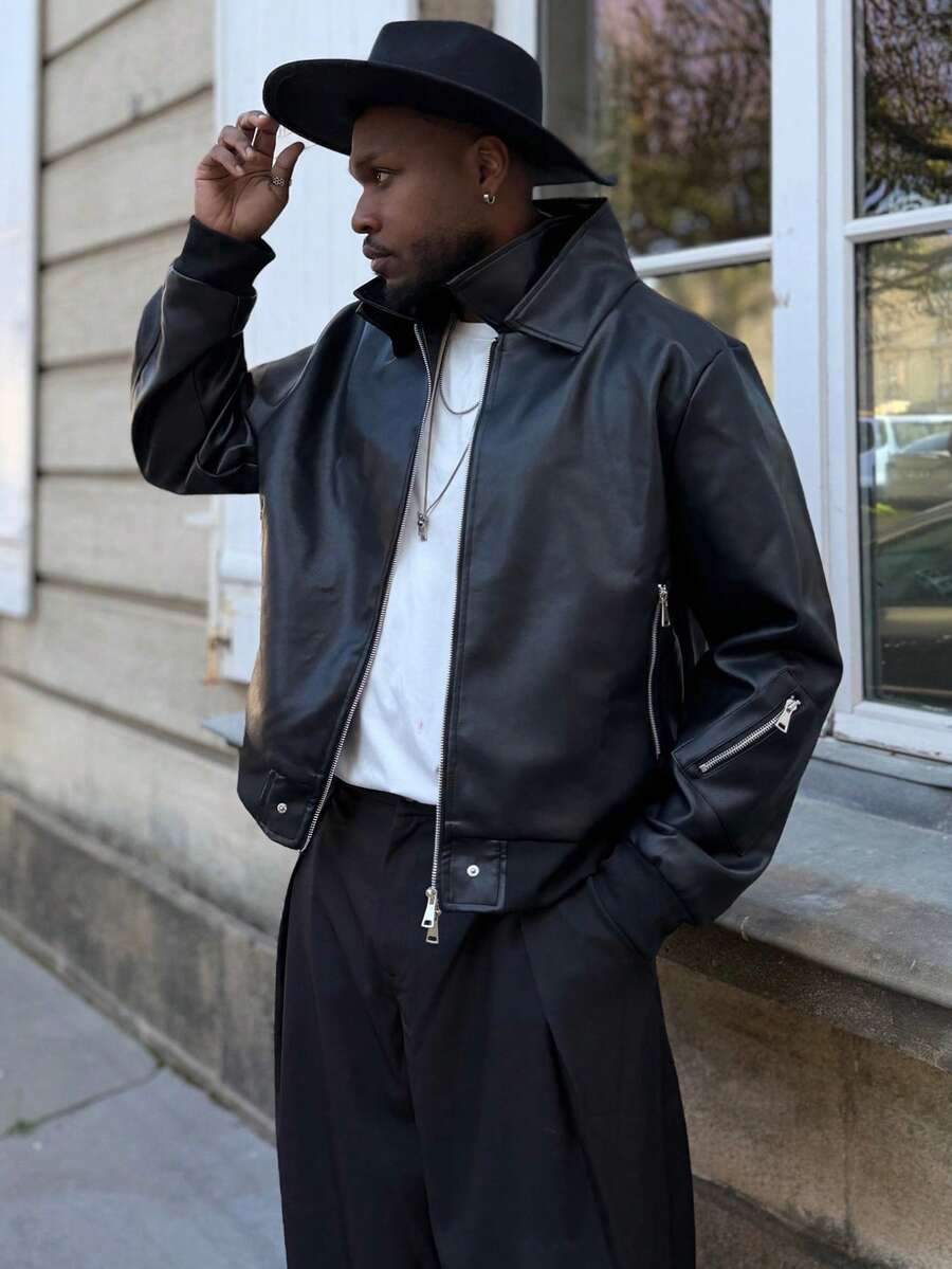 Heavens Edit 男士PU皮长袖夹克，街头风百搭复古美式休闲夹克，拉链设计情侣款，秋冬款，朋克风 - 黑色 - 查看 1