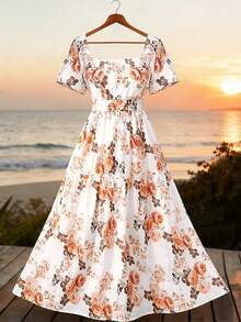 Elenzga Vestido de mujer talla grande de verano con estampado floral romántico, cuello cuadrado, espalda descubierta, cintura elástica y fluido, adecuado para playa, vacaciones y viajes al aire libre - Albaricoque - Ver 7