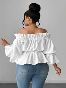 Maweii Plus Size Women Solid Color Off Shoulder Frill Trim Metal Design Blouse Fall - White - View 6