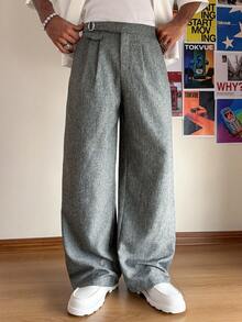 TOKVUE 男士时尚百搭阔腿休闲裤 灰色阔腿裤 宽松灰色裤子 褶皱灰色长裤 宽松灰色裤子 - 深灰色 - 查看 4