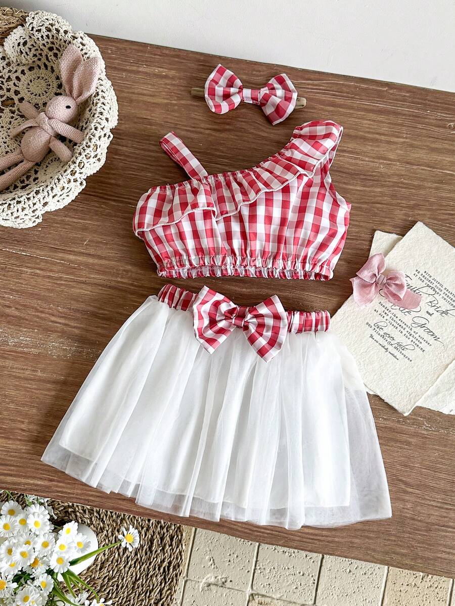 SHEIN Bộ áo thun và chân váy kẻ caro dễ thương cho bé gái, cổ áo bất đối xứng. - Đỏ - Xem 1