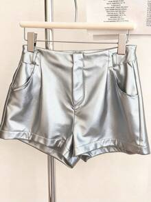INAWLY Quần short nữ màu trơn tối giản, kiểu dáng thường ngày. - Bạc - Xem 5