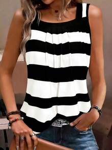 EMERY ROSE Camiseta sin mangas de mujer con bloques de color y rayas, estilo casual para vacaciones - Blanco y Negro - Ver 4