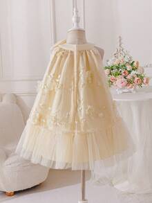 Glamorique Kids Đầm dự tiệc sinh nhật thanh lịch cho bé gái, cổ yếm, tay bồng, họa tiết hoa và nơ lớn. - Màu be - Xem 4