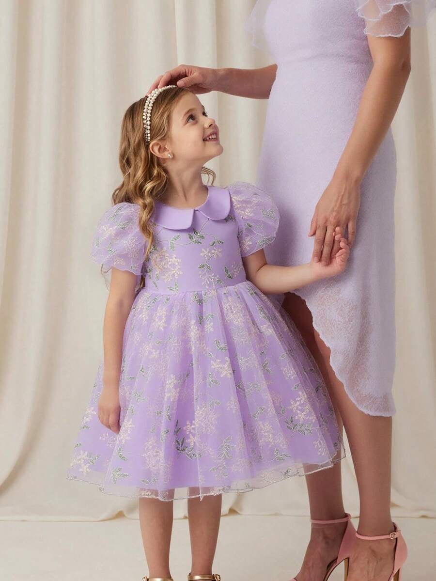 SHEIN Glamorique Kids 少女碎花腰部泡泡裙,薄纱泡泡袖优雅派对连衣裙,适合所有季节 - 紫色 - 查看 1