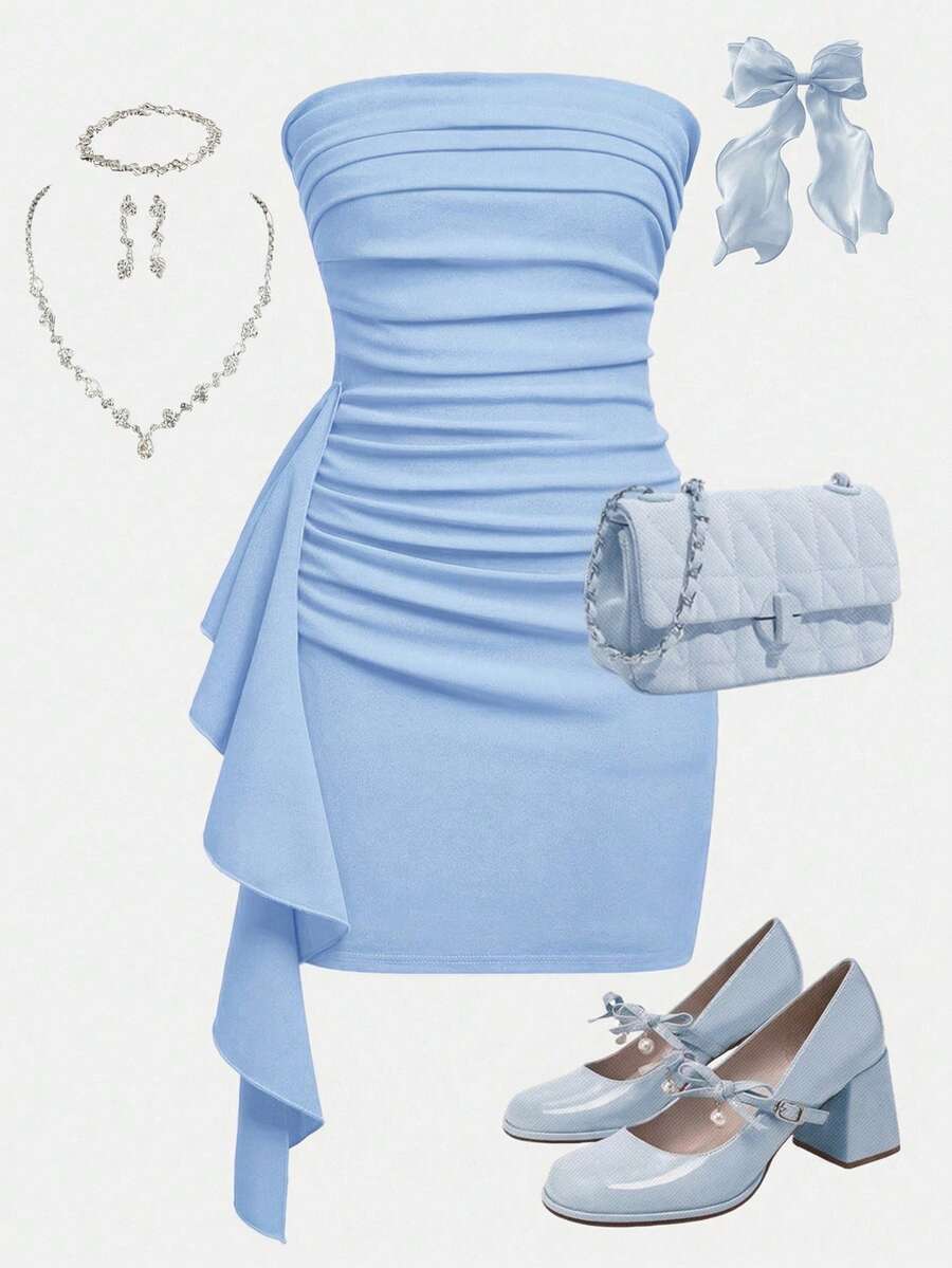 Girlism Vestido tubo elegante de fiesta con volantes y pliegues de punto de unicolor para adolescentes - Celeste - Ver 1