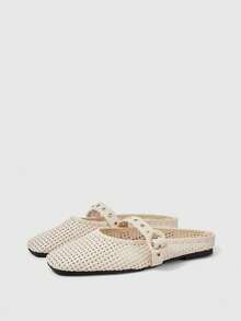 Sleekvia 女士精致镂空平底鞋，时尚舒适方头优雅平底鞋 - 杏色 - 查看 2