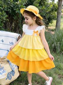 Elladie kids Đầm mùa hè dáng suông mới cho bé gái, màu tím, thiết kế không tay phối màu, tay bồng, xếp tầng, trang trí nơ, mũ xô dễ thương có dây buộc, bộ đầm nghỉ mát thời trang kèm mũ. - Màu vàng - Xem 3