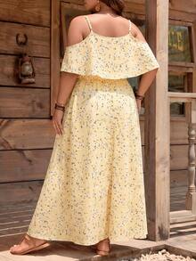 SHEIN LUNE Đầm dài trễ vai phong cách Boho in hoa dành cho phụ nữ ngoại cỡ, thích hợp cho kỳ nghỉ hè. - Màu vàng - Xem 2