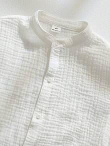 SHEIN Young Boy Solid Color Button-Front Short Sleeve Shirt And Striped Print Shorts Set - Multicolor - View 5