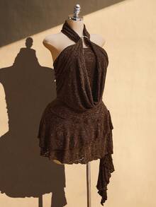 SHEIN ICON Ensemble 2 pièces top tricoté dos nu style Y2K et jupe à volants à ourlet irrégulier, convient pour les vacances d'été, les festivals de musique, les sorties en amoureux, style bohème chic - Tabac - Voir 7