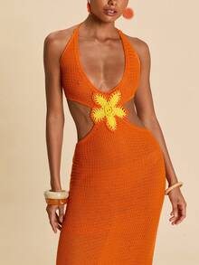 Travachic 女士度假镂空腰部设计修身吊带针织连衣裙 - 橘色 - 查看 7